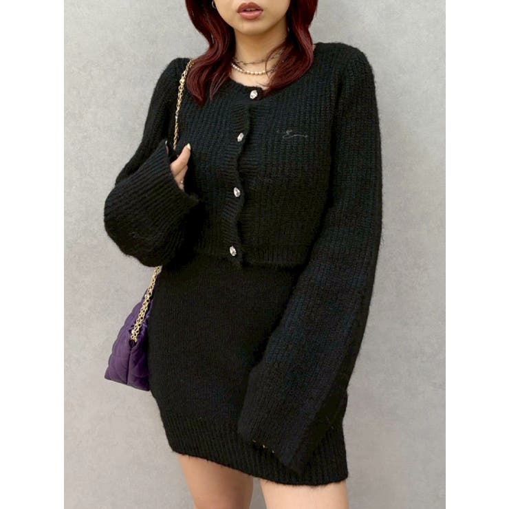 ブラック | ワンポイントアンサンブルニットワンピ ース カーディガン キャミワンピ セット | EVRIS