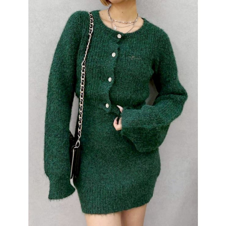 グリーン | ワンポイントアンサンブルニットワンピ ース カーディガン キャミワンピ セット | EVRIS