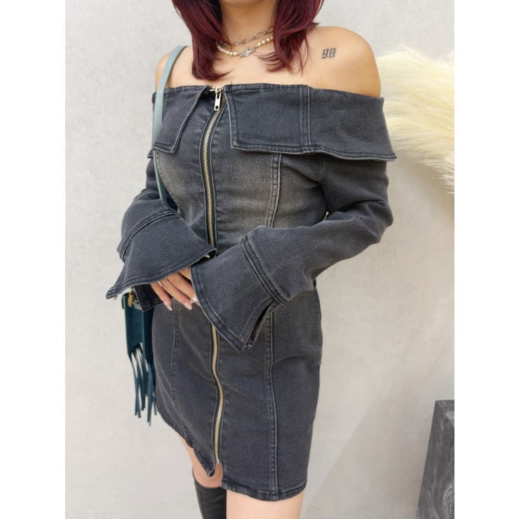 ブラック | オフショルデニムミニワンピース | EVRIS