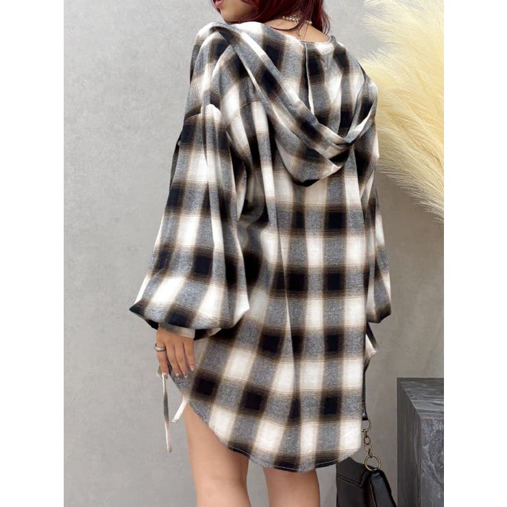 フードチェックオーバーサイズシャツ【セットアップ着用可能】 | EVRIS | 詳細画像1 