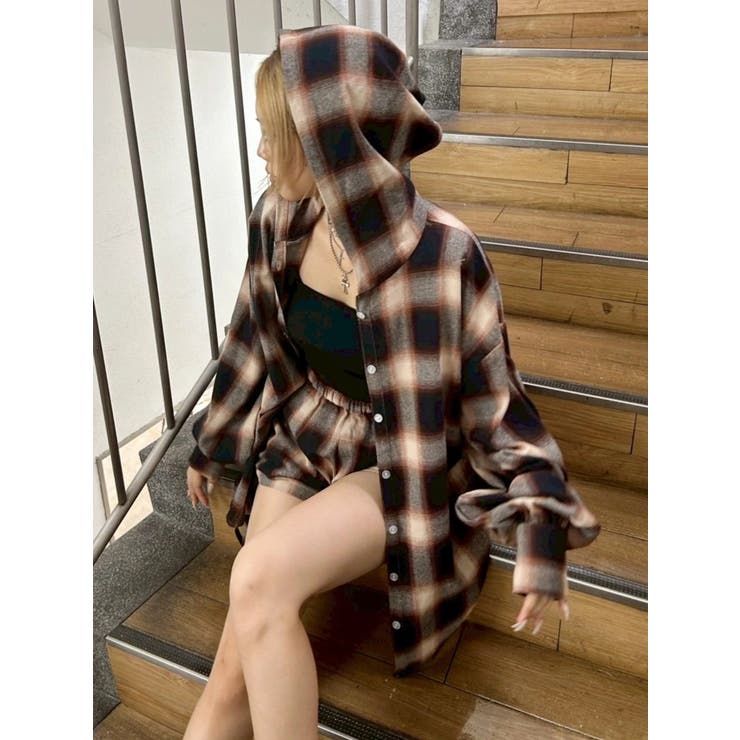 フードチェックオーバーサイズシャツ【セットアップ着用可能】[品番