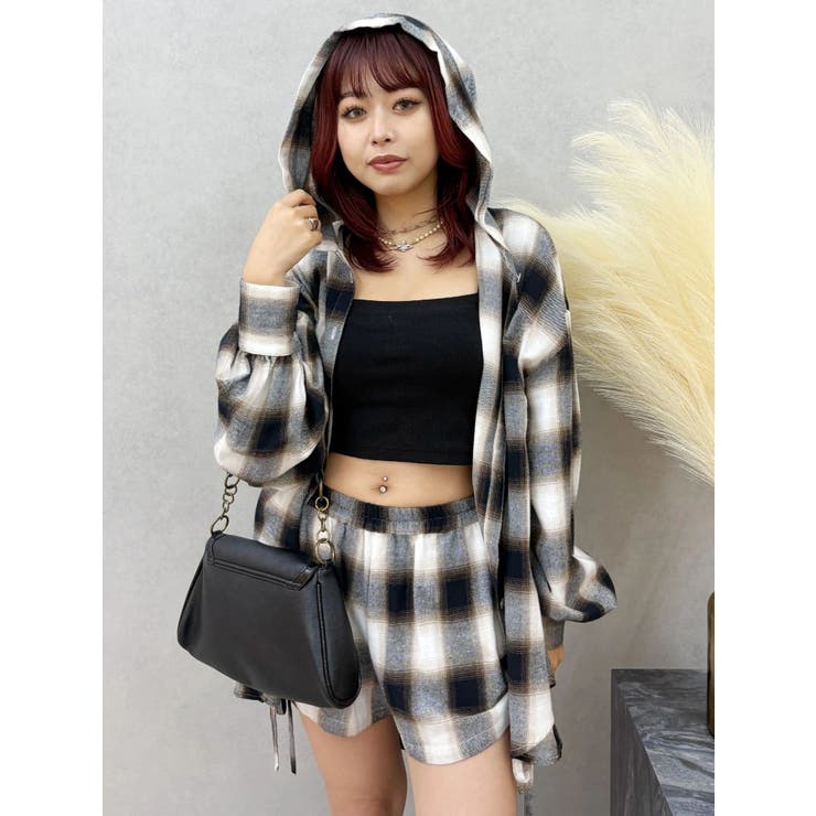 フードチェックオーバーサイズシャツ【セットアップ着用可能】[品番