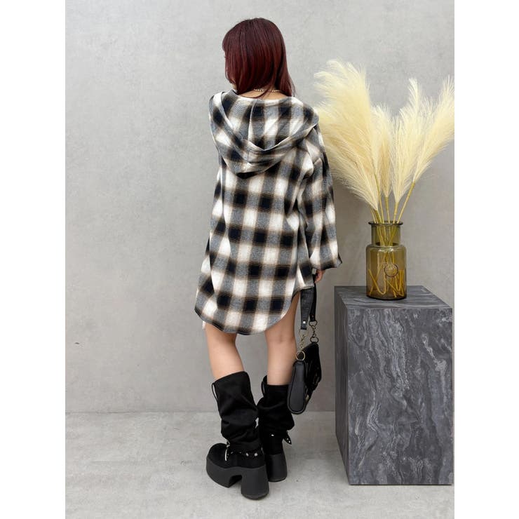 EVRIS チェック柄 セットアップ 美品 フードチェックオーバーサイズシャツ【セットアップ着用可能】[品番