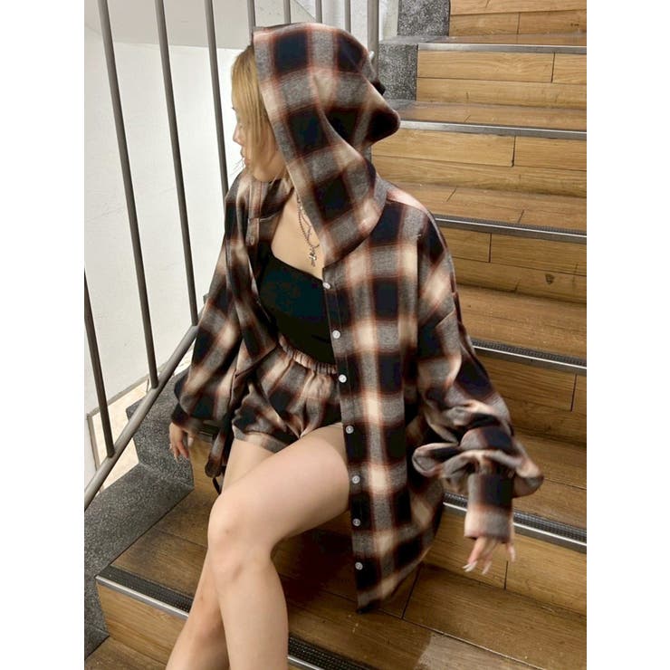 ブラウン | フードチェックオーバーサイズシャツ【セットアップ着用可能】 | EVRIS