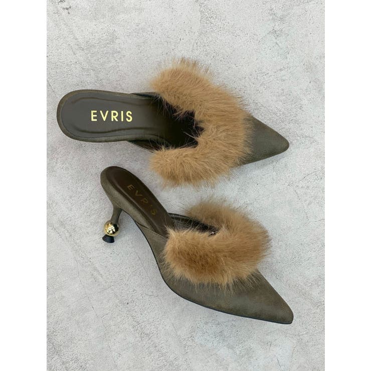 カーキ | ポインテッドトゥフェイクファーミュール | EVRIS