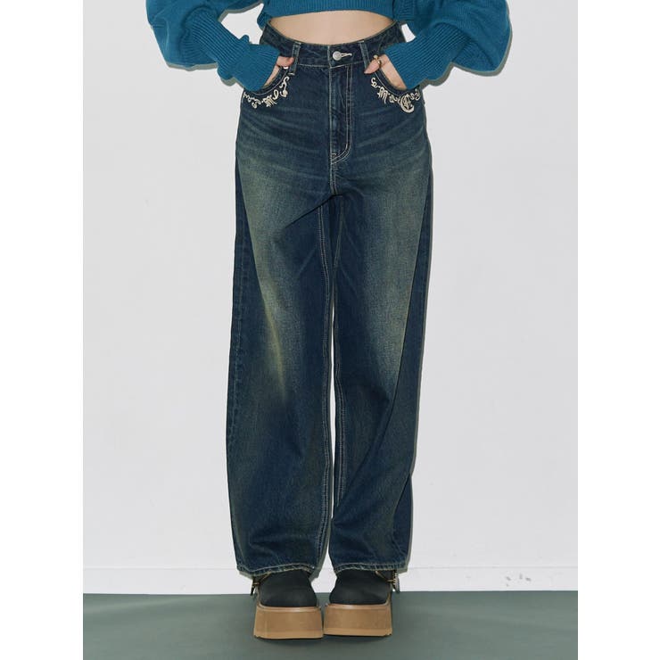 インディゴ | ポケットエンブロイダリーワイドデニムパンツ | EVRIS