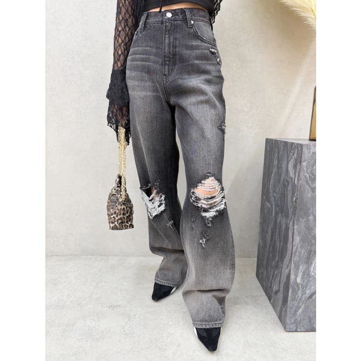 ブラック | ヴィンテージライクダメージワイドデニムパンツ | EVRIS