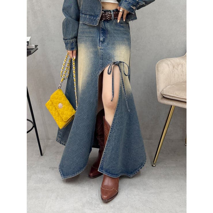 ブルー | グラデーションスリットロングデニムスカート【セットアップ着用可能】 | EVRIS