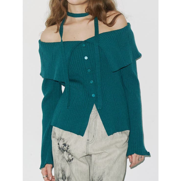 グリーン | チョーカーオフショルニットトップス | EVRIS