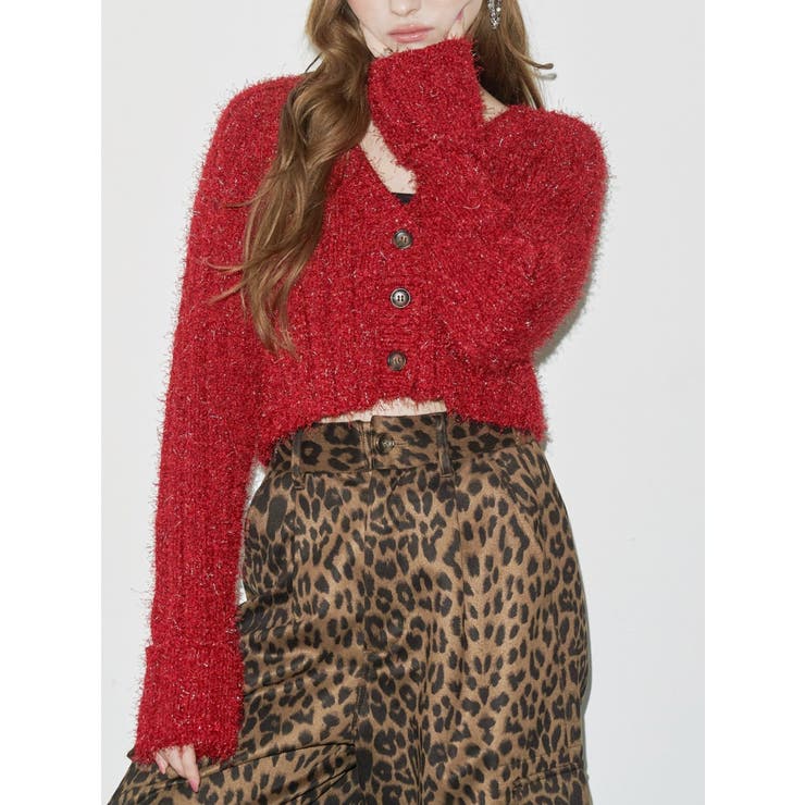 レッド | フェザーラメニットショートカーディガン | EVRIS