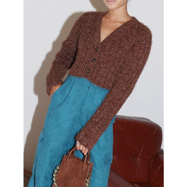 ブラウン | フェザーラメニットショートカーディガン | EVRIS