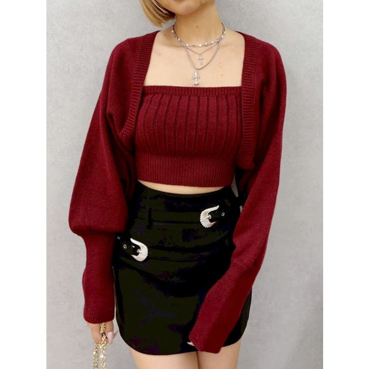 レッド | ビジューアンサンブルニットトップス | EVRIS