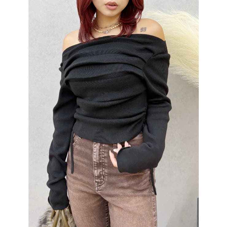 ブラック | サイドドロストオフショルニットトップス | EVRIS