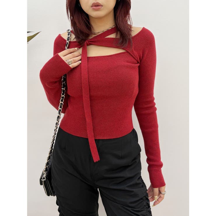 レッド | カットアウトニットトップス | EVRIS