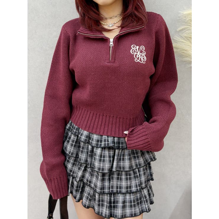 ボルドー | ワンポイントハーフジップショートニットトップス | EVRIS