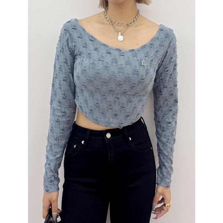 ブルー | ダメージカットクロップドロンＴ | EVRIS