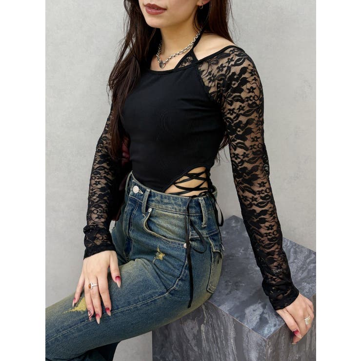 ブラック | サイドレースアップデザイントップス | EVRIS