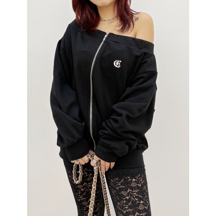 ブラック | ジップアップオフショルトップス【セットアップ着用可能】 | EVRIS