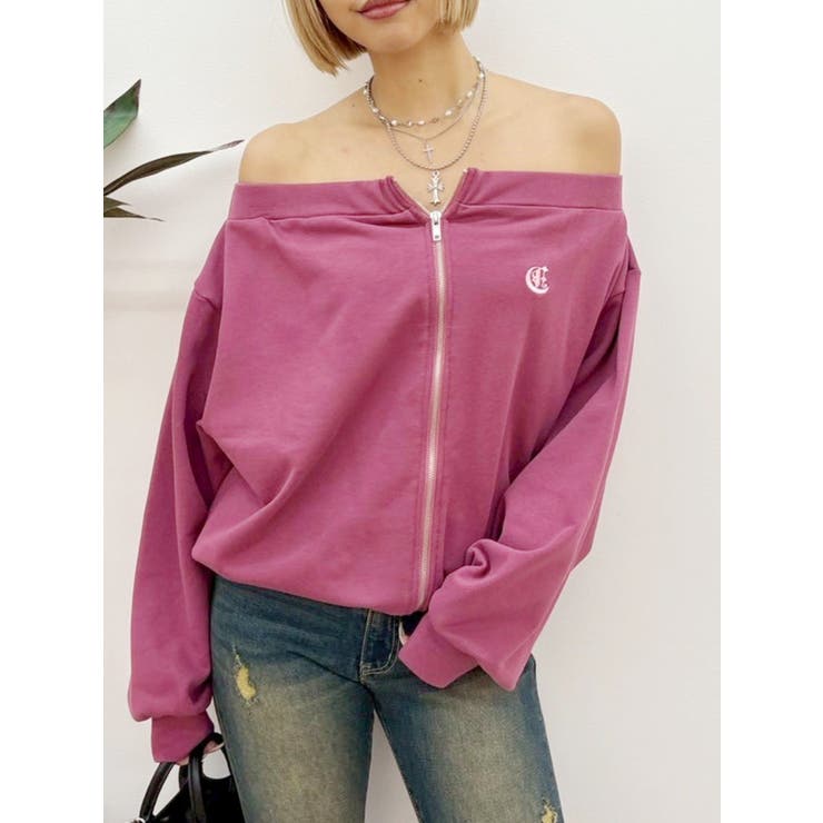 パープル | ジップアップオフショルトップス【セットアップ着用可能】 | EVRIS