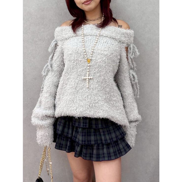 グレー | リボンオフショルニットワンピース | EVRIS