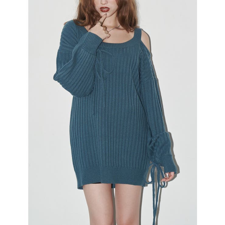 ブルー | ワンショルダーニットワンピース | EVRIS