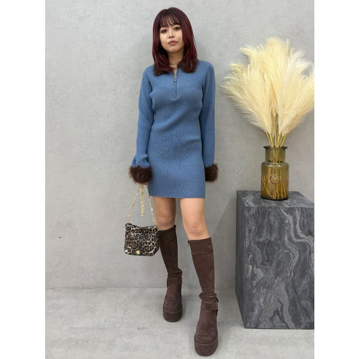 ブルー | フェザーコンビニットミニワンピース | EVRIS