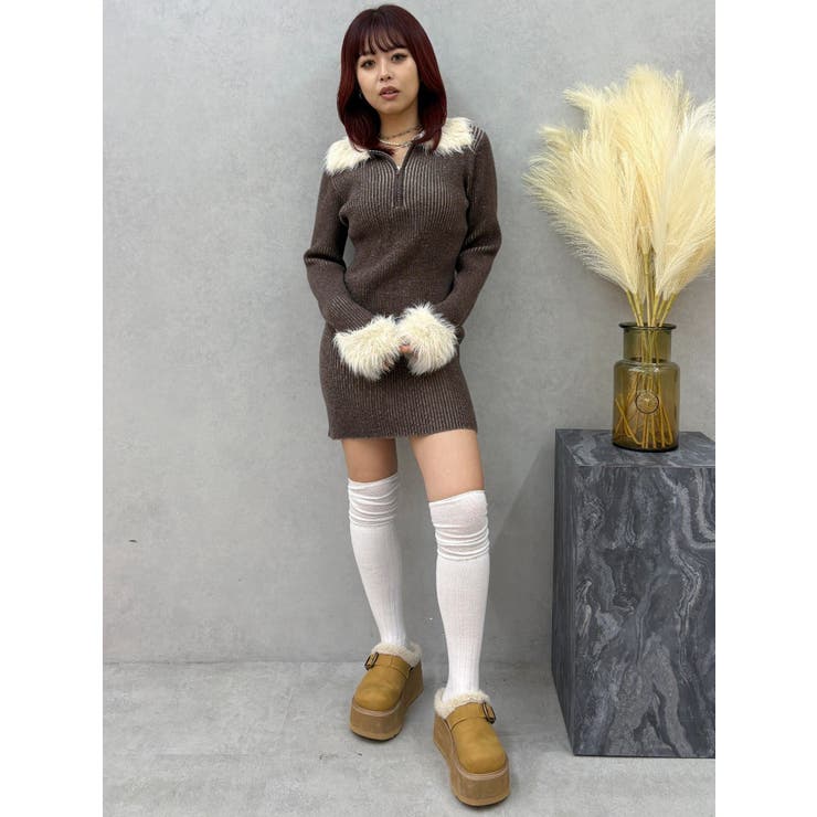 ブラウン | フェザーコンビニットミニワンピース | EVRIS