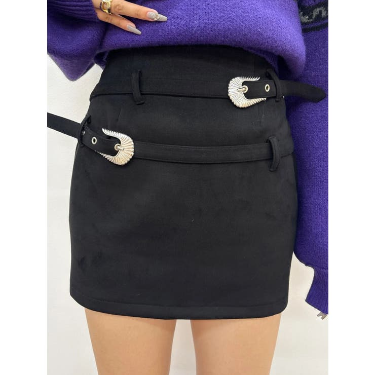 ブラック | ダブルバックルベルトミニスカート | EVRIS