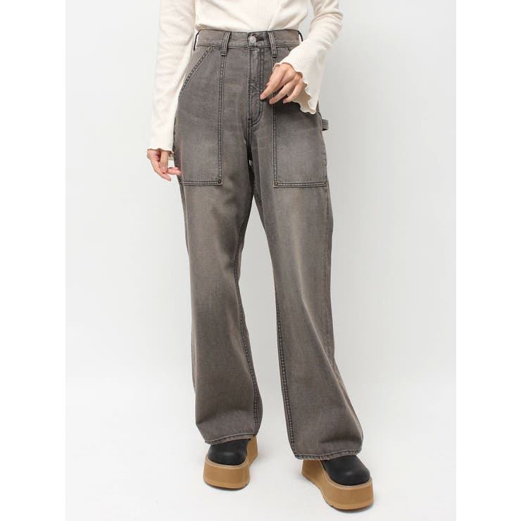 ブラック | リベットペインターワイドデニムパンツ | EVRIS