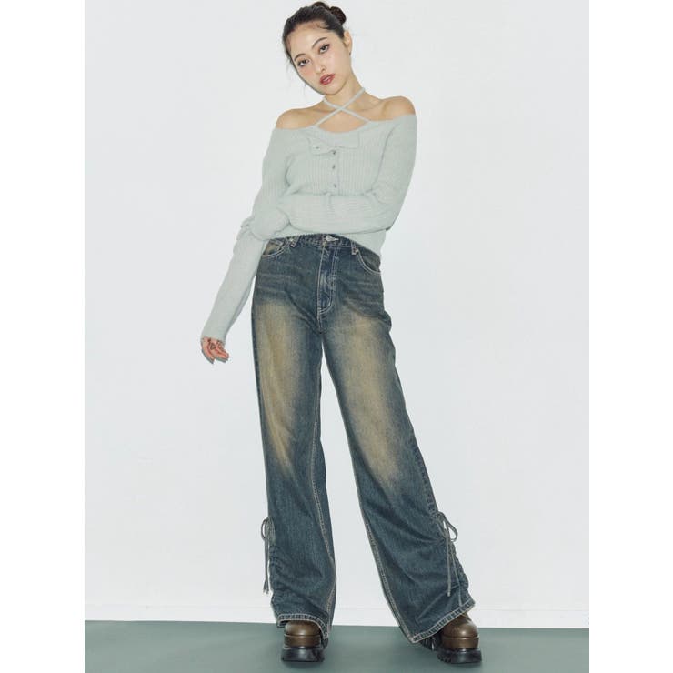 サイドギャザーリボンセミワイドデニムパンツ | EVRIS | 詳細画像6 