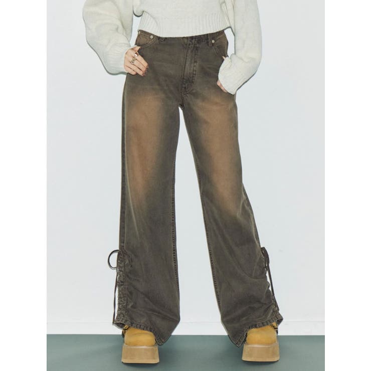 ブラウン | サイドギャザーリボンセミワイドデニムパンツ | EVRIS