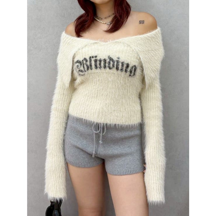 ホワイト | ラメロゴシャギーオフショルニットトップス | EVRIS