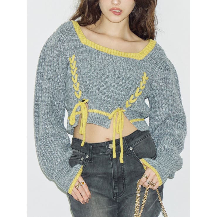 グレー | メランジバイカラーショートニットトップス | EVRIS