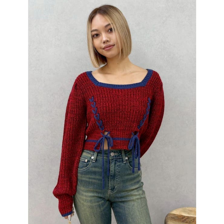 レッド | メランジバイカラーショートニットトップス | EVRIS