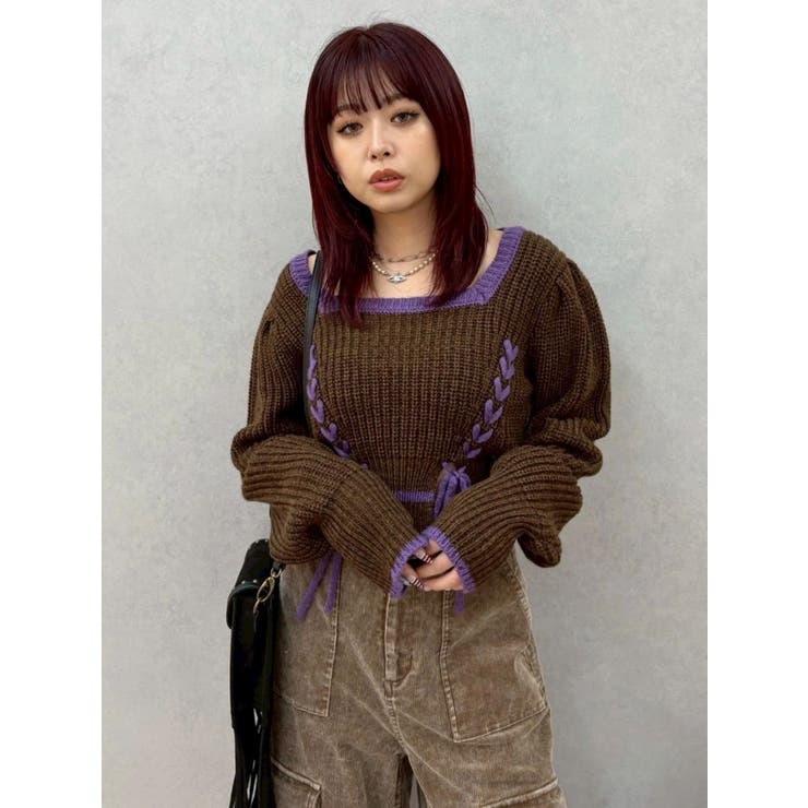 ブラウン | メランジバイカラーショートニットトップス | EVRIS