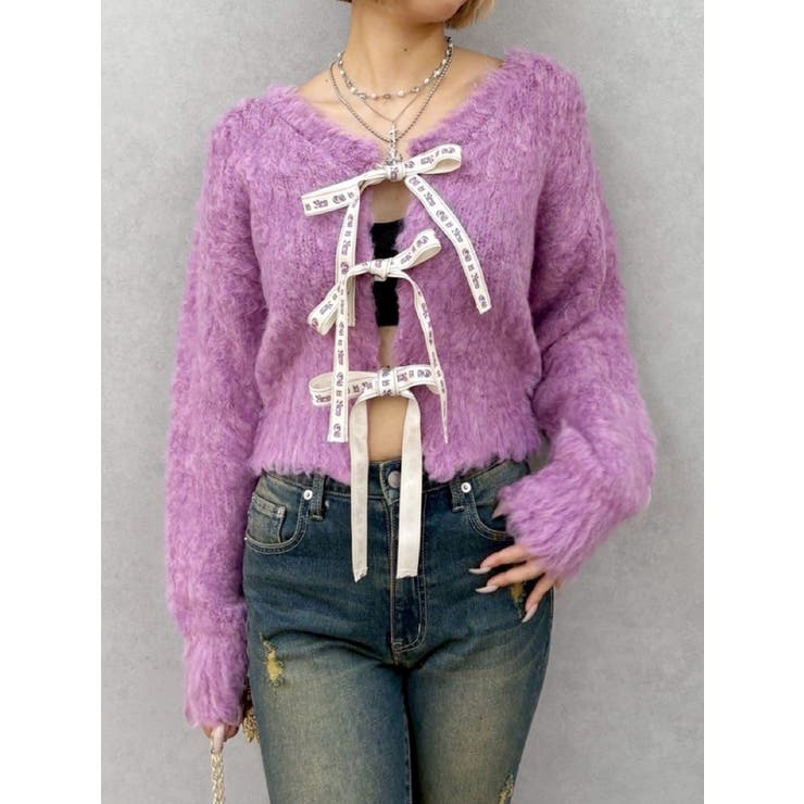 ピンク | 2WAYリボンシャギーニットカーディガン | EVRIS