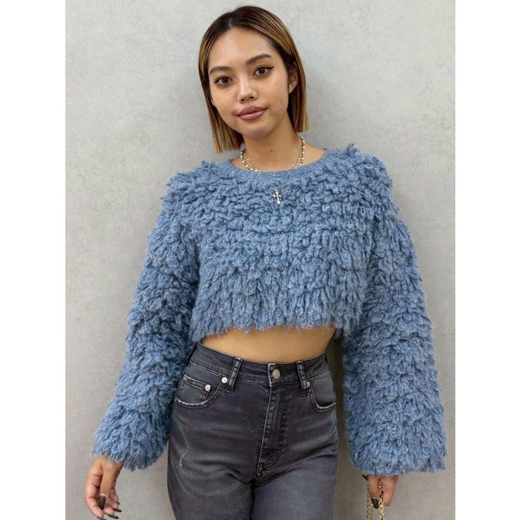 ブルー | ショートループニットトップス | EVRIS