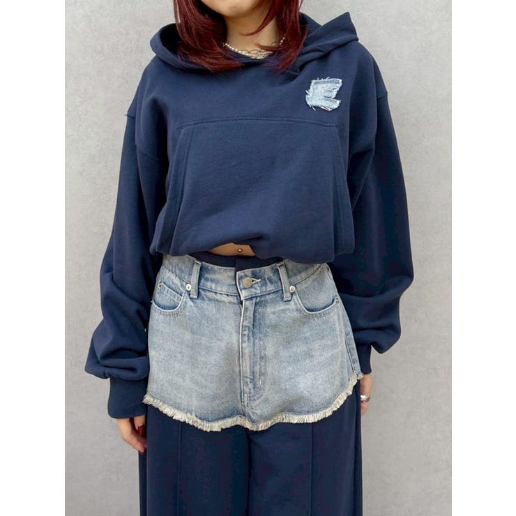 ネイビー | デニムワンポイントバルーンショートフーディ【セットアップ着用可能】 | EVRIS