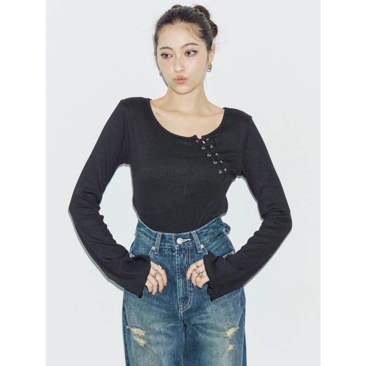 ブラック | レースアップカットソー | EVRIS