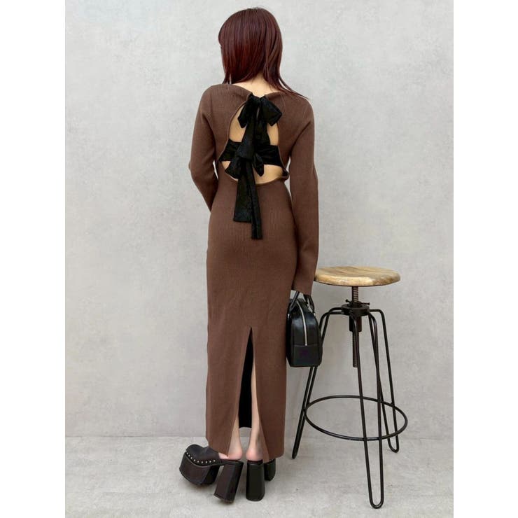 ブラウン | バックリボンロングニットワンピース | EVRIS