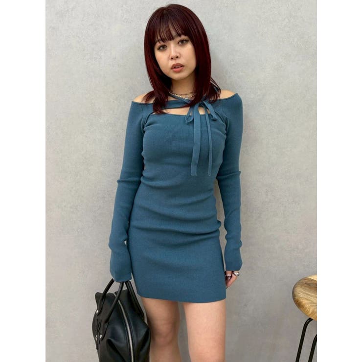 ブルー | カットアウトニットミニワンピース | EVRIS