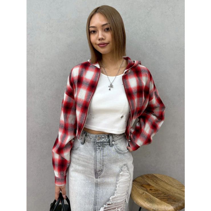 レッド | フードチェックショートシャツ | EVRIS