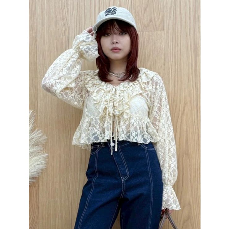 ベージュ | フロントリボンレースクロップドシャツ | EVRIS