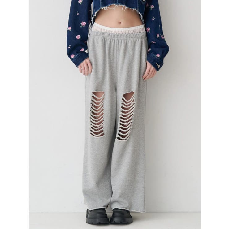 グレー | レースドッキングダメージスウェットワイドパンツ【セットアップ着用可能】 | EVRIS