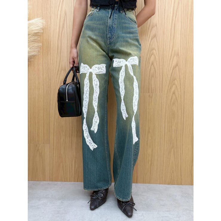 インディゴ | リボンレースワイドデニムパンツ | EVRIS