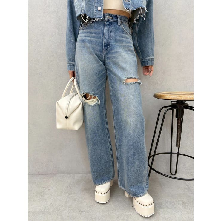 ブルー | カットアウトワイドデニムパンツ【セットアップ着用可能】 | EVRIS