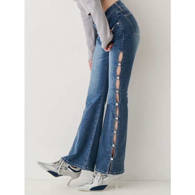 ブルー | サイドビジューフレアデニムパンツ | EVRIS