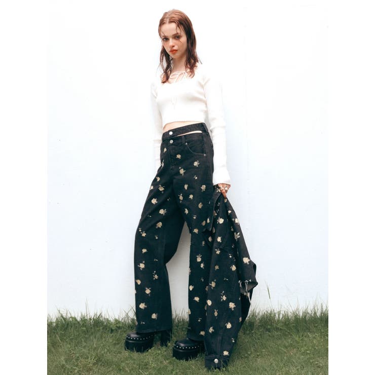 Embroideryカットアウトワイドデニムパンツ【セットアップ着用可能】 | EVRIS | 詳細画像4 