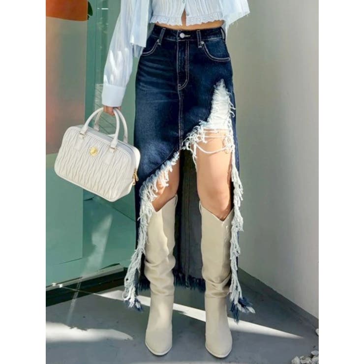 インディゴ | ダメージスリットロングデニムスカート【セットアップ着用可能】 | EVRIS