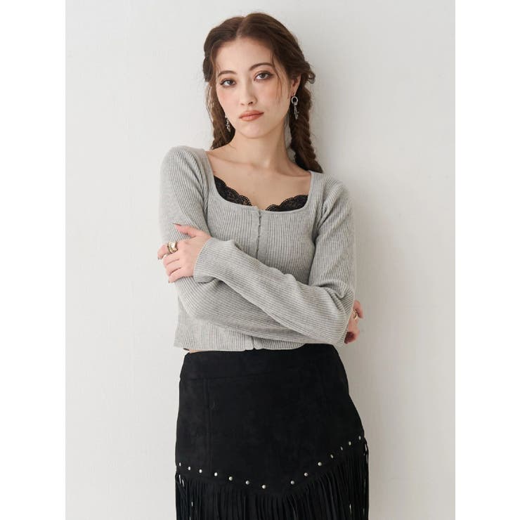 グレー | フロントホックレースドッキングニットトップス | EVRIS
